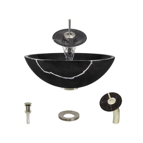 851 Marble Vessel Sink with Faucet, Sink Ring, and Pop-up Drain in Brushed Nickel