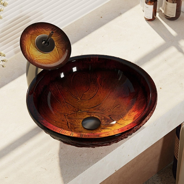 R5-5018-WF Red Lava Glass Bathroom Sink with Waterfall Faucet, Sink Ring, and Pop-up Drain
