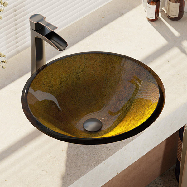 R5-5013-R9-7007 Foil Undertone Glass Vessel Sink with Faucet, Sink Ring, and Pop-up Drain