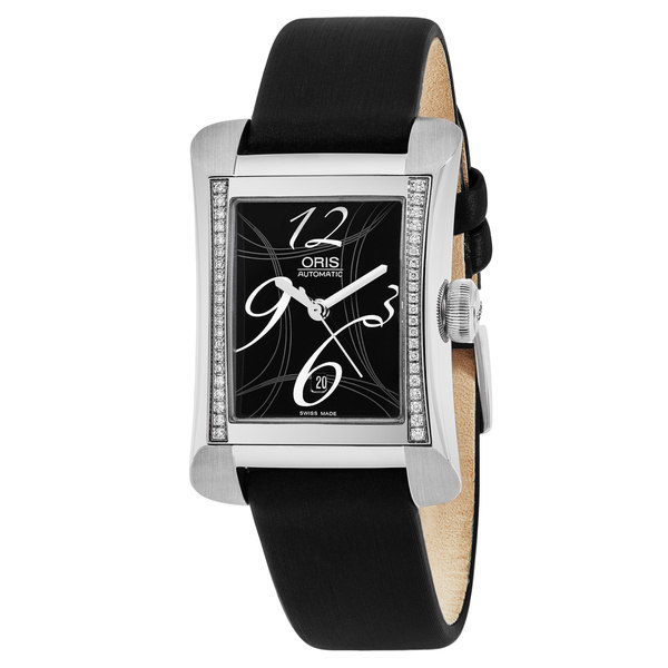 Oris Women's 561 7621 4964 LS 'Rectangular' Black Dial Black Satin Strap Swiss Automatic Watch