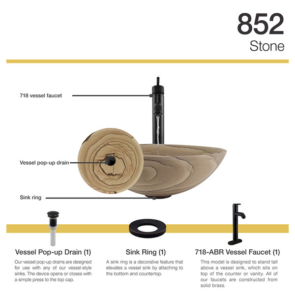 852 Wood Sandstone Vessel Sink with Faucet, Sink Ring, and Pop-up Drain in Antique Bronze