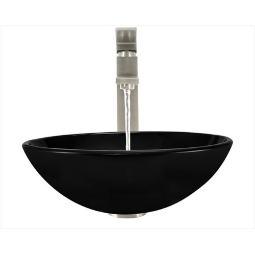 601 Black Dark Colored Glass Vessel Sink, with Brushed Nickel Vessel Faucet, Sink Ring, and Vessel Pop-up Drain