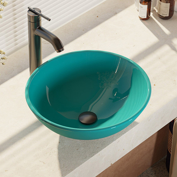 Cerulean Colored Glass Vessel Sink with Faucet, Sink Ring, and Pop-up Drain