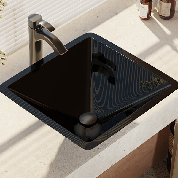 R5-5003-nor-R9-7006 Noir Dark Colored Glass Vessel Sink with Faucet, Sink Ring, and Pop-up Drain
