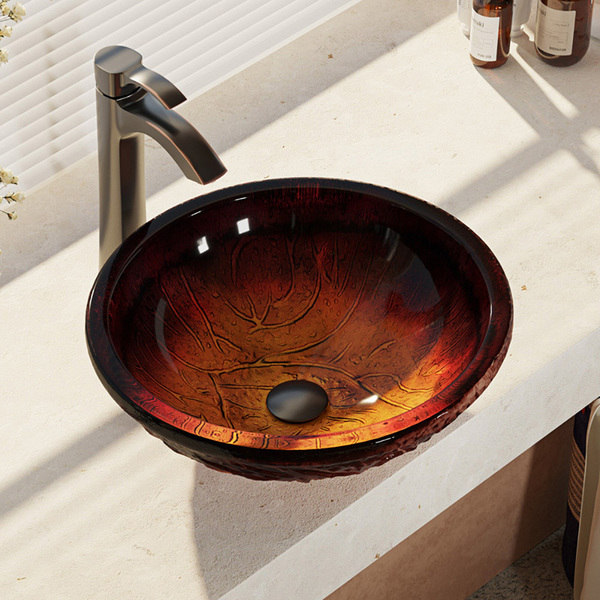 R5-5018-R9-7006 Red Lava Glass Bathroom Sink with Faucet, Sink Ring, and Pop-up Drain