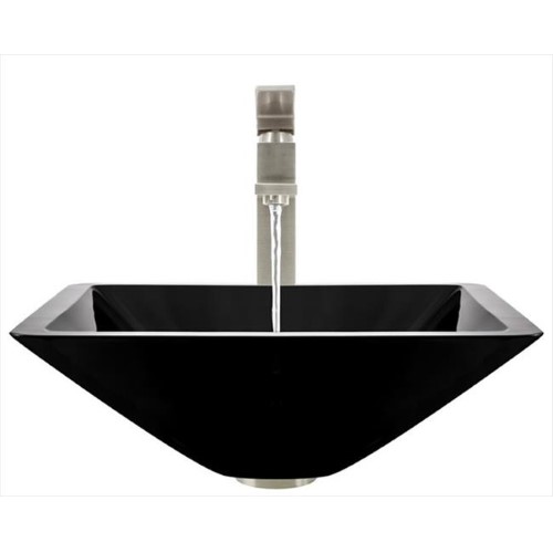 603 Black Dark Colored Glass Vessel Sink, with Brushed Nickel Vessel Faucet, Sink Ring, and Vessel Pop-up Drain
