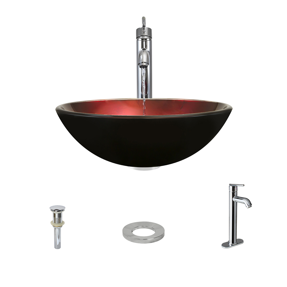 607 Foil Undertone Glass Vessel Sink, with Chrome Vessel Faucet, Sink Ring, and Vessel Pop-up Drain