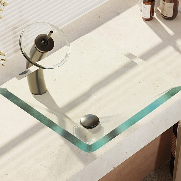 R5-5003-CRY-WF Crystal Glass Vessel Sink with Waterfall Faucet, Sink Ring, and Pop-up Drain