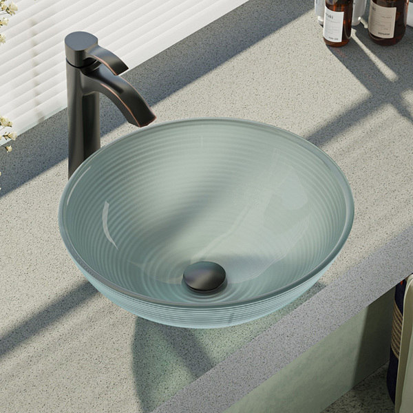 R5-5034-R9-7006 Foil Undertone Glass Vessel Sink with Faucet, Sink Ring, and Pop-up Drain