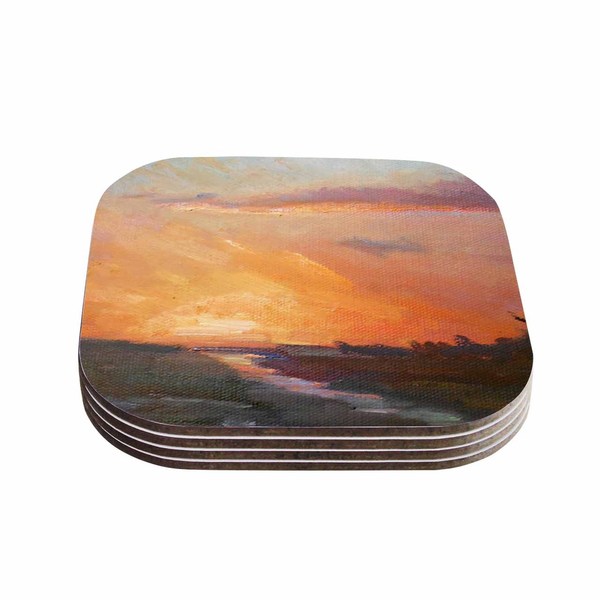 Kess InHouse Carol Schiff 'Golden Hour Over the Marsh' Orange Watercolor Coasters (Set of 4) (Golden Hour Over the Marsh)