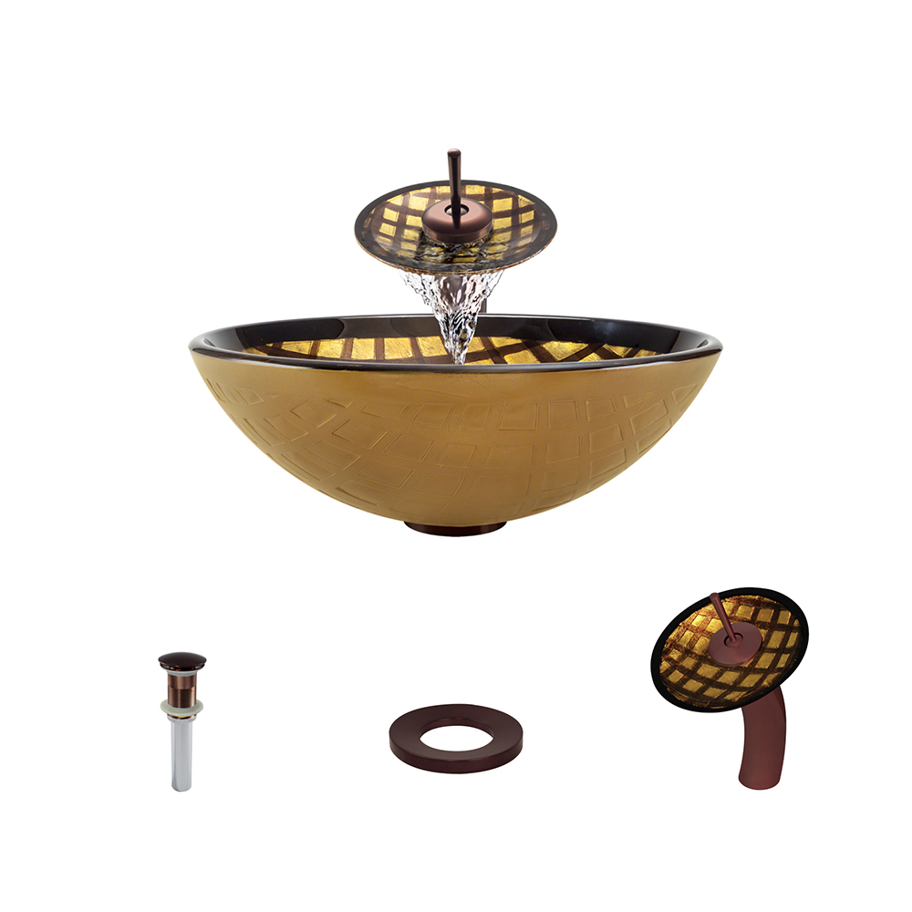 635 Foil Undertone Glass Vessel Sink, with Oil-Rubbed Bronze Vessel Faucet, Sink Ring, and Vessel Pop-up Drain