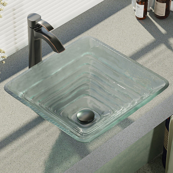 Glass Vessel Sink with Faucet, Sink Ring, and Pop-up Drain