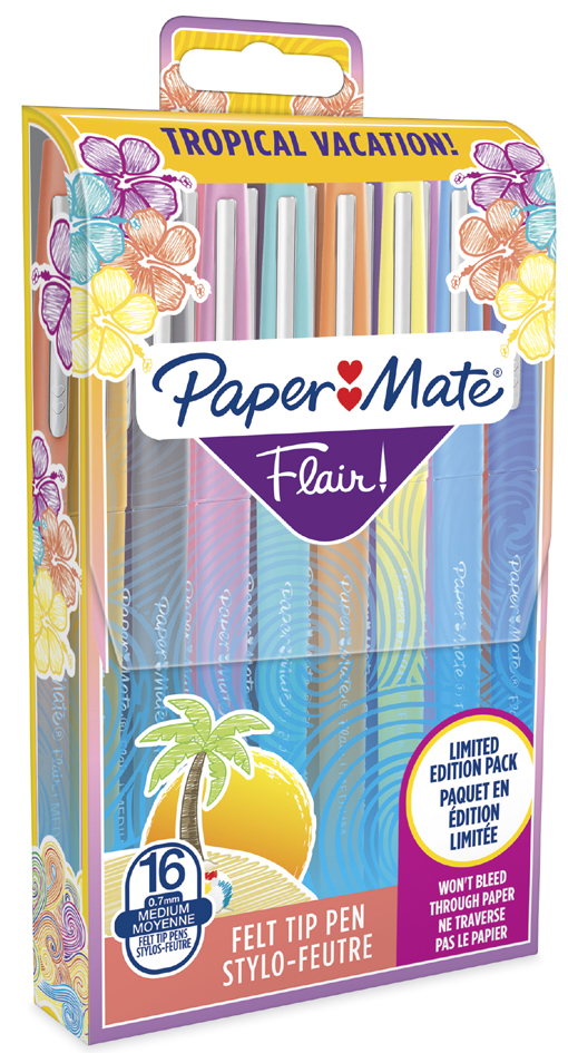 Paper Mate Flair Felt Tip Pens | Medium Point (0.7mm) | Assorted Tropical Vacation Colours | 16 Count Pouch