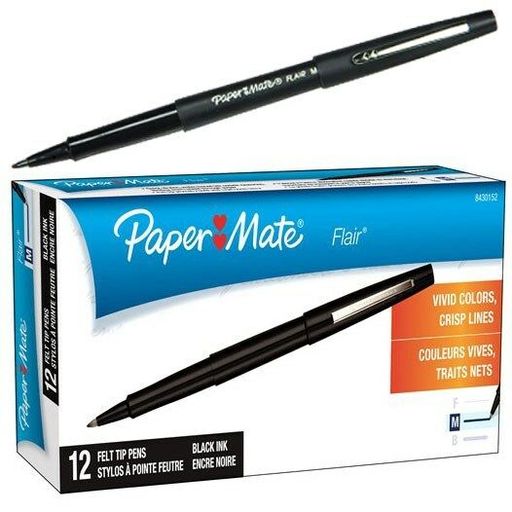 Paper Mate Flair Felt Tip Pen, Black Ink, Medium Point, 8430152, Box of 12