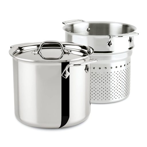 All-Clad 4807 Stainless Steel Tri-Ply Bonded Dishwasher Safe Pasta Pentola with Insert / Cookware, 7-Quart, Silver