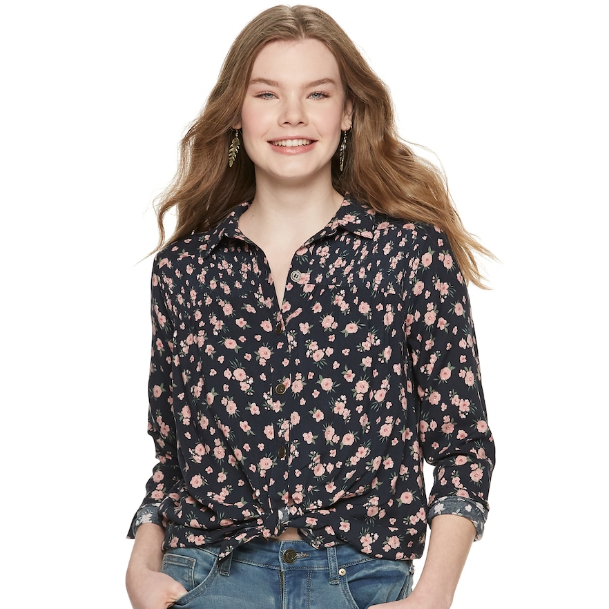 Juniors' Hint of Mint Print Knot-Front Blouse, Girl's, Size: Small, Black