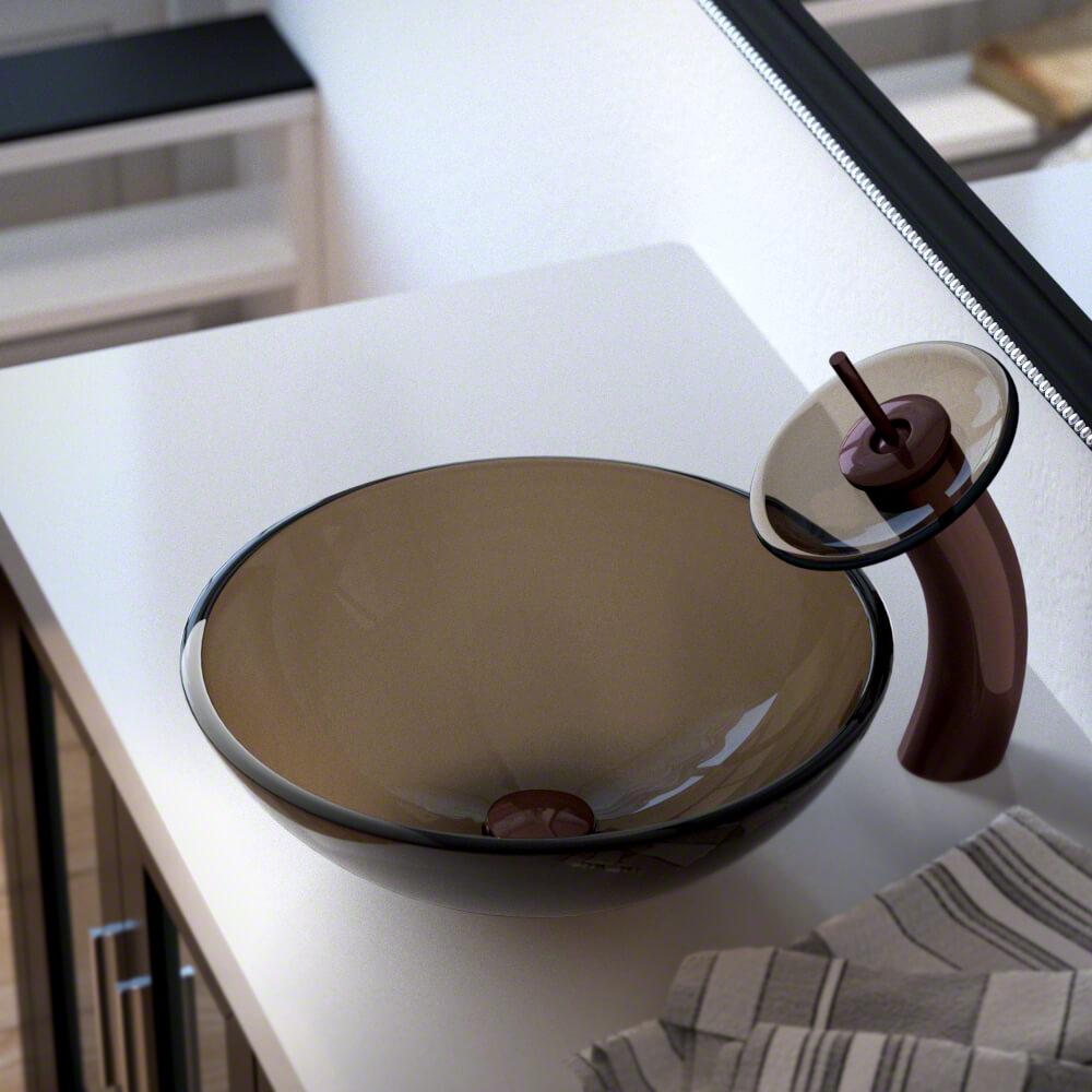 MR Direct 601 Taupe Vessel Sink Ensemble with an Oil-rubbed Bronze Finish Waterfall Faucet  Pop-up Drain  and Sink Ring.