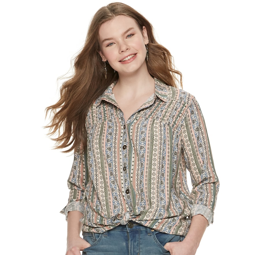 Juniors' Hint of Mint Print Knot-Front Blouse, Girl's, Size: Small, Light Pink