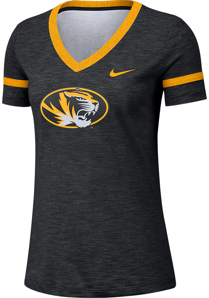 Nike Missouri Tigers Womens Black Slub V Short Sleeve T-Shirt, Black, 65% COTTON / 35% POLYESTER, Size XL