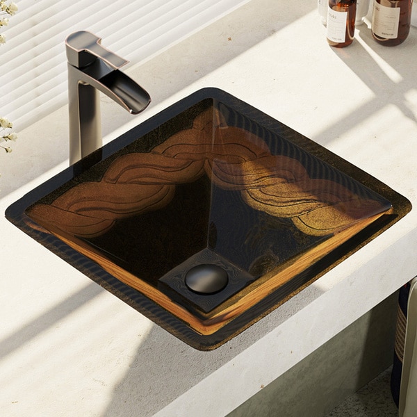 R5-5036-R9-7007 Foil Undertone Glass Vessel Sink with Faucet, Sink Ring, and Pop-up Drain