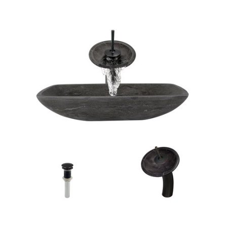MR Direct 868 Limestone Vessel Sink Ensemble with Antique Bronze Finish Waterfall Faucet  Pop-up Drain  and Sink Ring