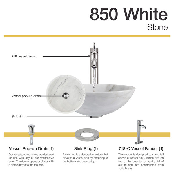 850-White Granite Vessel Sink with Faucet, Sink Ring, and Pop-up Drain in Chrome