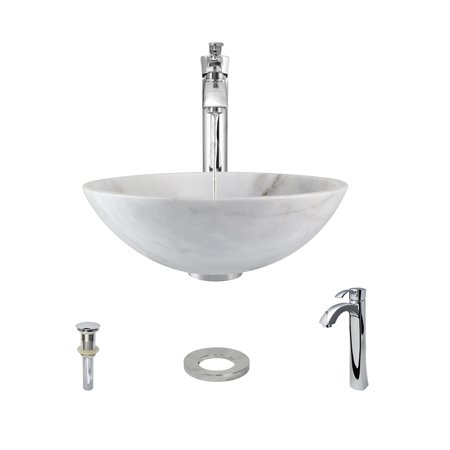 850-White Granite Vessel Sink with Faucet, Sink Ring, and Pop-up Drain in Chrome