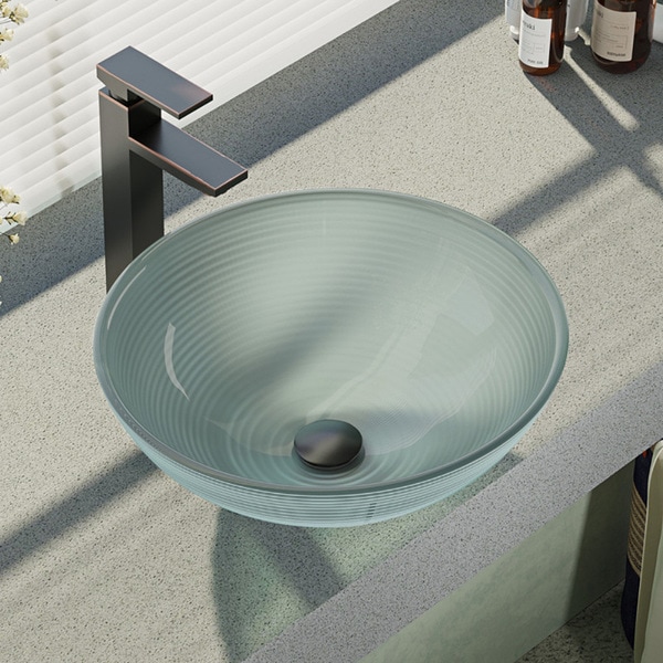 R5-5034-R9-7003 Foil Undertone Glass Vessel Sink with Faucet, Sink Ring, and Pop-up Drain