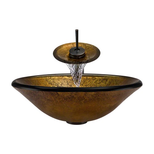 613 Foil Undertone Glass Vessel Sink, with Oil-Rubbed Bronze Vessel Faucet, Sink Ring, and Vessel Pop-up Drain