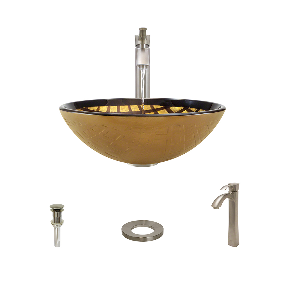 635 Foil Undertone Glass Vessel Sink, with Brushed Nickel Vessel Faucet, Sink Ring, and Vessel Pop-up Drain