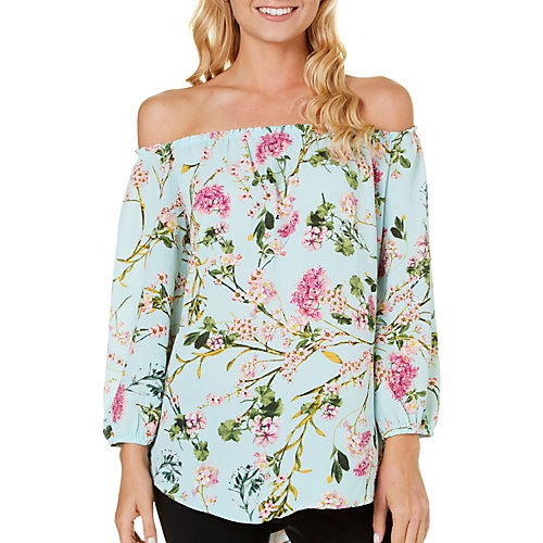 Moa Moa Juniors Floral Off Shoulder Bow Back Top-Large,MINT GREEN/MULTI