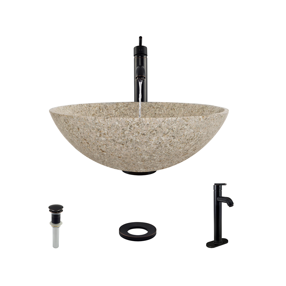 850-Tan Granite Vessel Sink with Faucet, Sink Ring, and Pop-up Drain in Antique Bronze