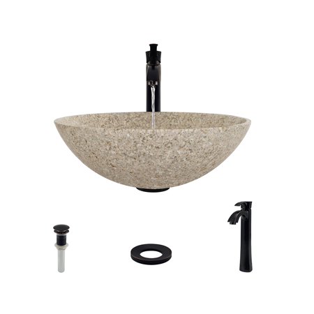 850-Tan Granite Vessel Sink with Faucet, Sink Ring, and Pop-up Drain in Antique Bronze