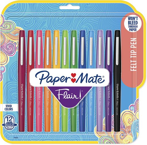 Paper Mate Flair Felt Tip Pens, Medium Point (0.7 Millimeter), Assorted Colors, 12 Count