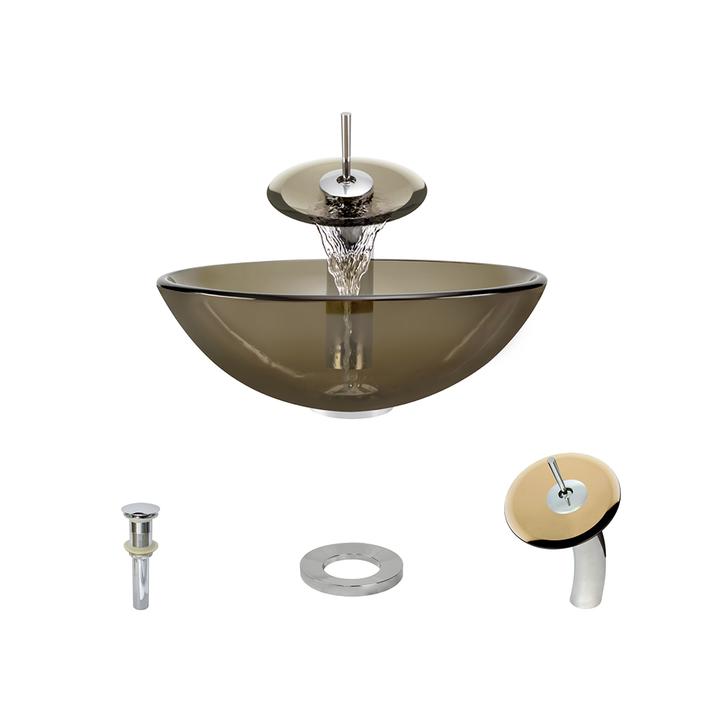 MR Direct 601 Taupe Vessel Sink Ensemble with a Chrome Finish Waterfall Faucet  Pop-up Drain  and Sink Ring.