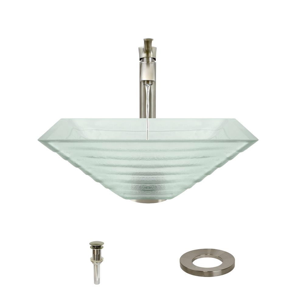 604 Glass Vessel Sink, with Brushed Nickel Vessel Faucet, Sink Ring, and Vessel Pop-up Drain