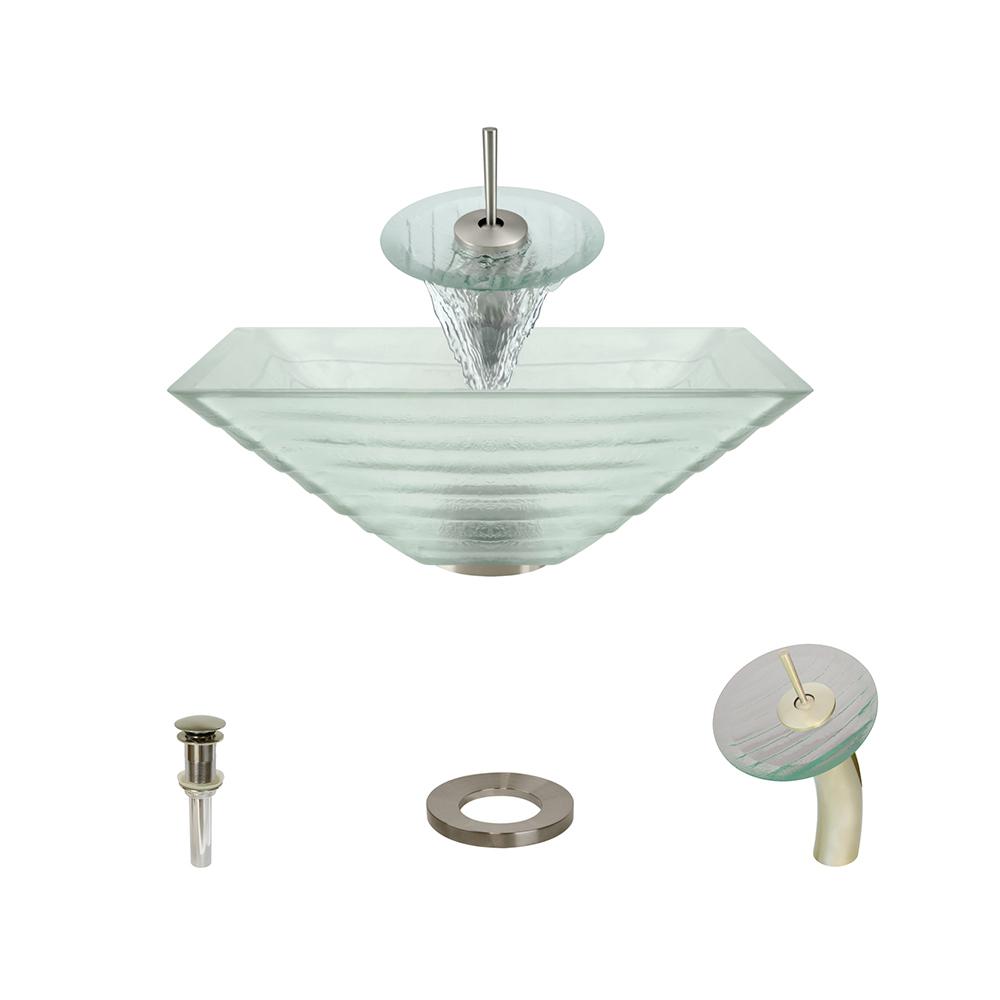 604 Glass Vessel Sink, with Brushed Nickel Vessel Faucet, Sink Ring, and Vessel Pop-up Drain
