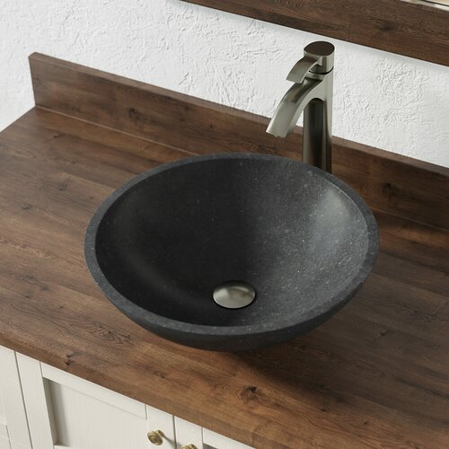 854 Honed Basalt Granite Sink with Faucet, Sink Ring, and Pop-up Drain in Brushed Nickel