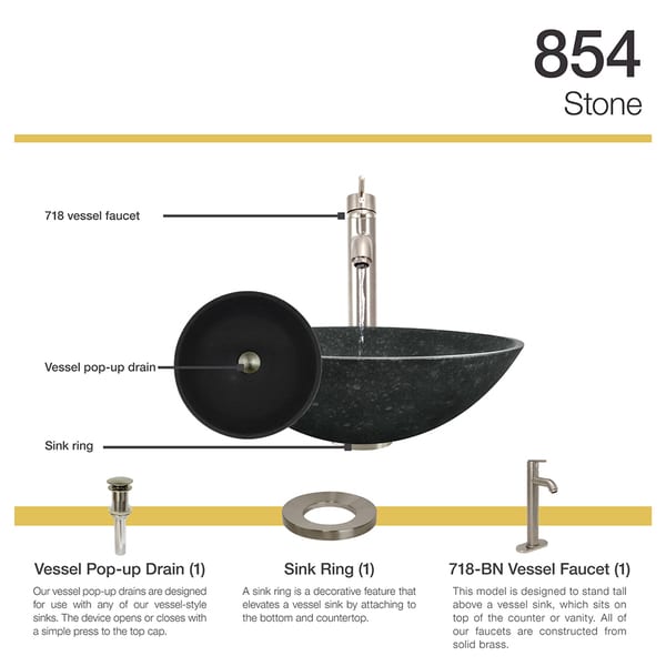 854 Honed Basalt Granite Sink with Faucet, Sink Ring, and Pop-up Drain in Brushed Nickel
