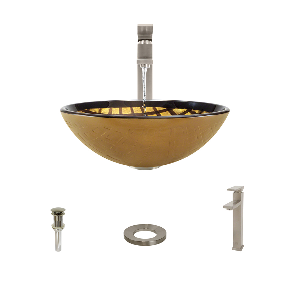 635 Foil Undertone Glass Vessel Sink, with Brushed Nickel Vessel Faucet, Sink Ring, and Vessel Pop-up Drain