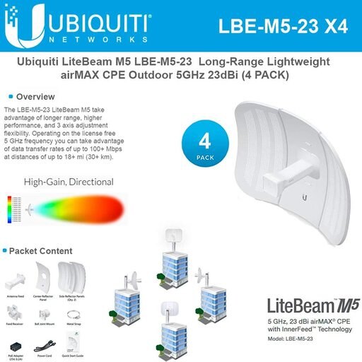 Ubiquiti LBE-M5-23 5GHz 4-PACK LiteBeam M5 23dBi Outdoor AirMAX CPE up to 30+ Km