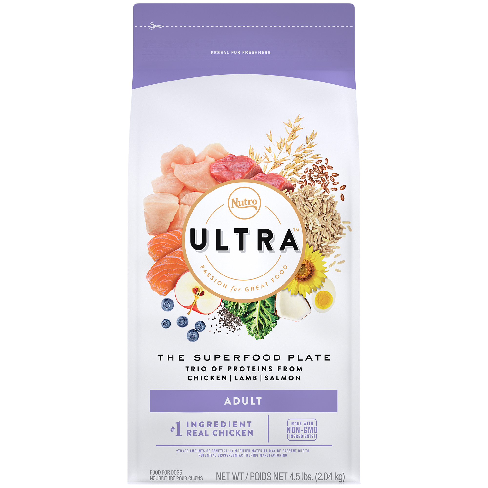 NUTRO ULTRA Adult High Protein Natural Dry Dog Food with a Trio of Proteins from Chicken, Lamb and Salmon, 4.5 Lb. Bag