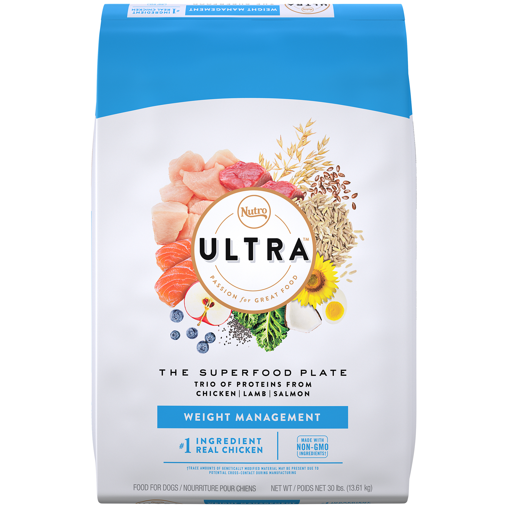 Nutro Ultra Adult Weight Management Dry Dog Food  Chicken  Lamb and Salmon Protein Trio  30 Lb Bag