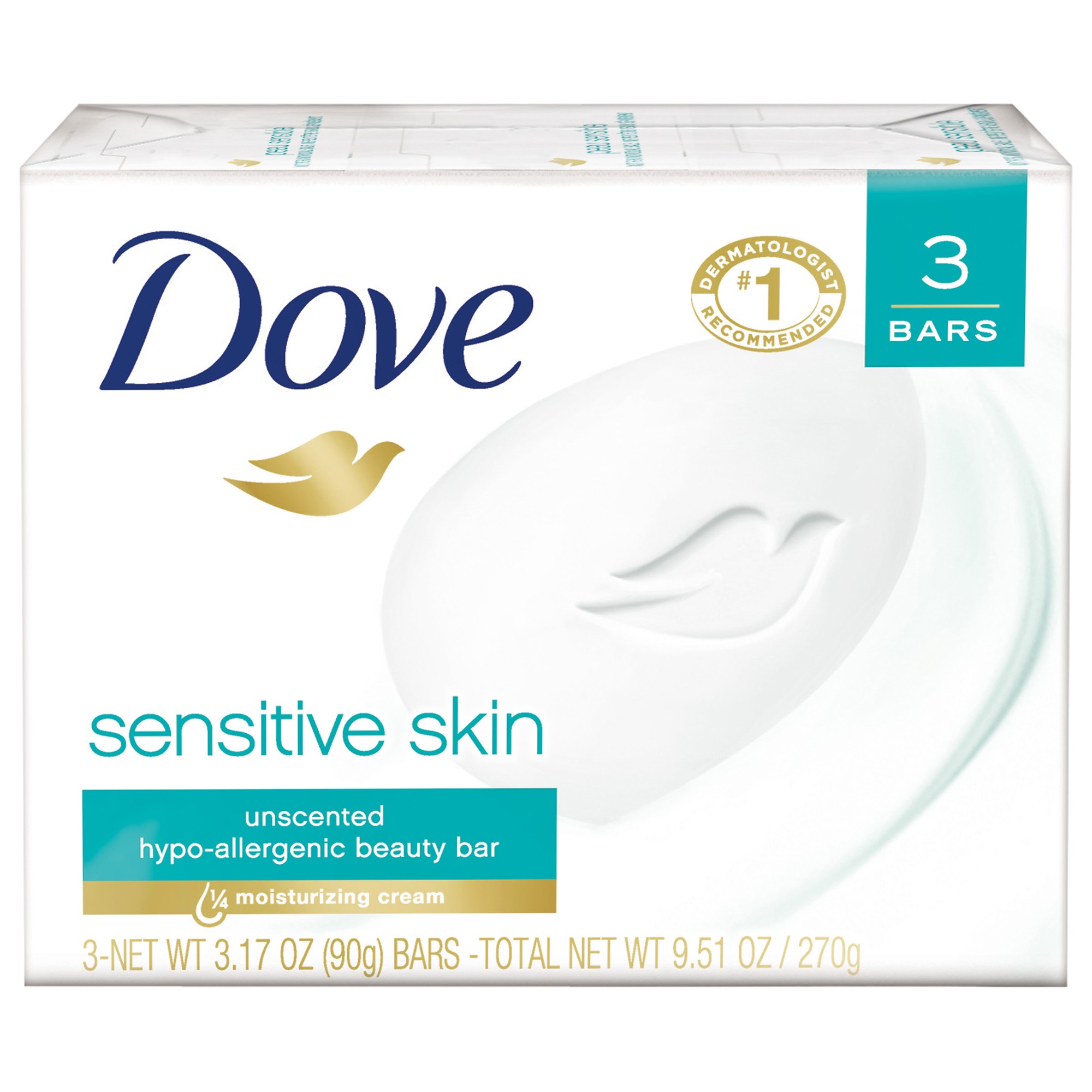 Dove Beauty Bar More Moisturizing Than Bar Soap Sensitive Skin with Gentle Cleanser for Softer Skin  Fragrance Free  Hypoallergenic 3.17 Oz  3 Bars