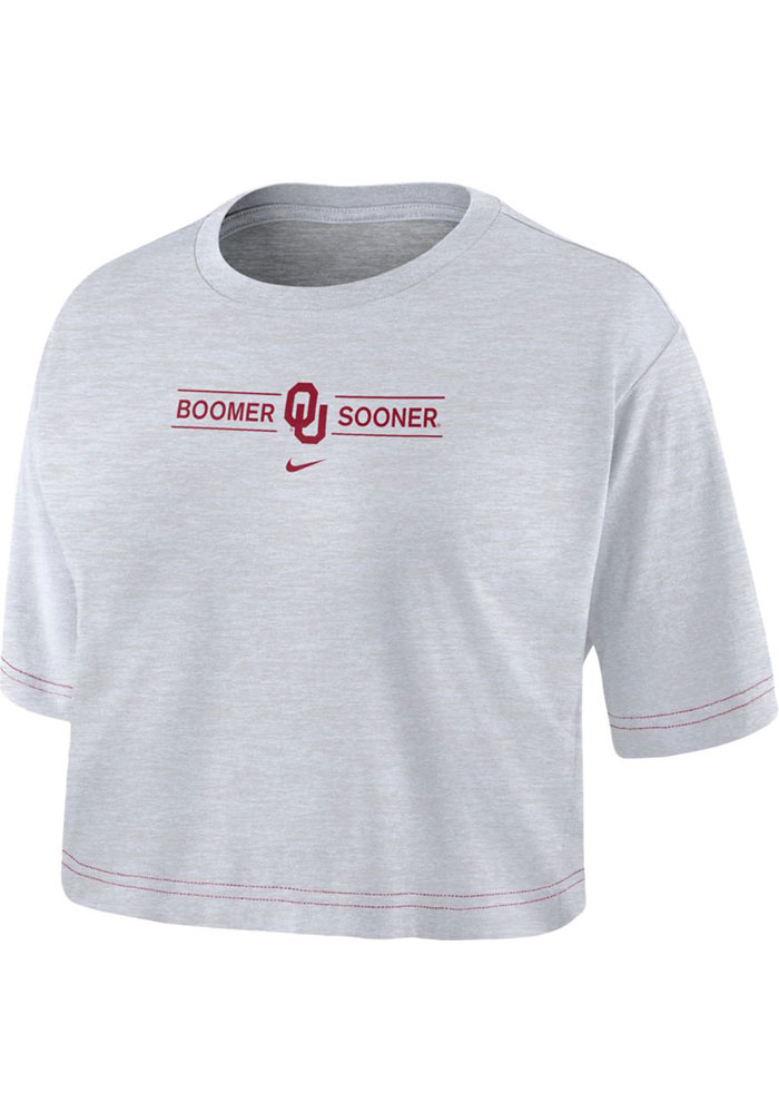 Nike Oklahoma Sooners Womens White Slub Crop Short Sleeve T-Shirt, White, 65% COTTON / 35% POLYESTER, Size 2XL