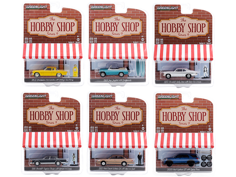 Greenlight 97090A 1-64 Scale Series 9 1953 Studebaker Commander Yellow with Vintage the Hobby Shop Gas Pump Diecast Model Car