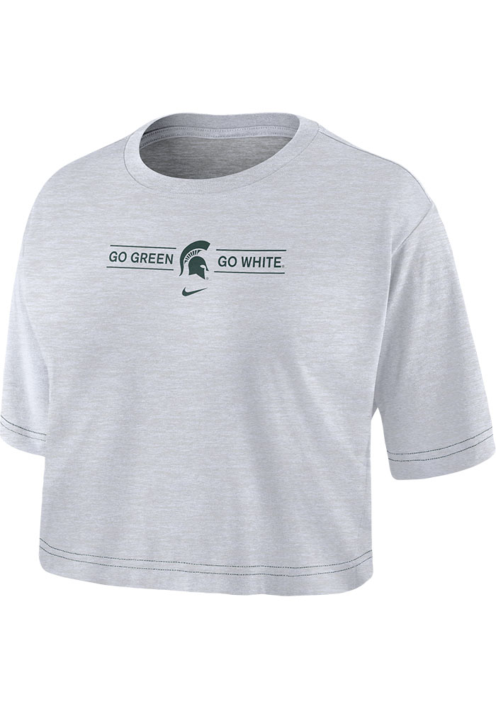 Nike Michigan State Spartans Womens White Slub Crop Short Sleeve T-Shirt, White, 65% COTTON / 35% POLYESTER, Size 2XL