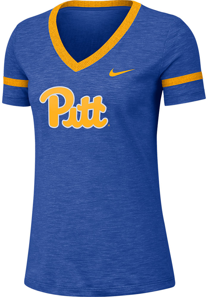 Nike Pitt Panthers Womens Blue Slub V Short Sleeve T-Shirt, Blue, 65% COTTON / 35% POLYESTER, Size XS