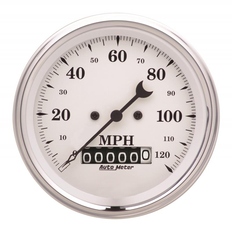 AutoMeter GAUGE; SPEEDO.; 3 3/8in.; 120MPH; ELEC. PROG. W/WHEEL ODO; OLD TYME WHITE