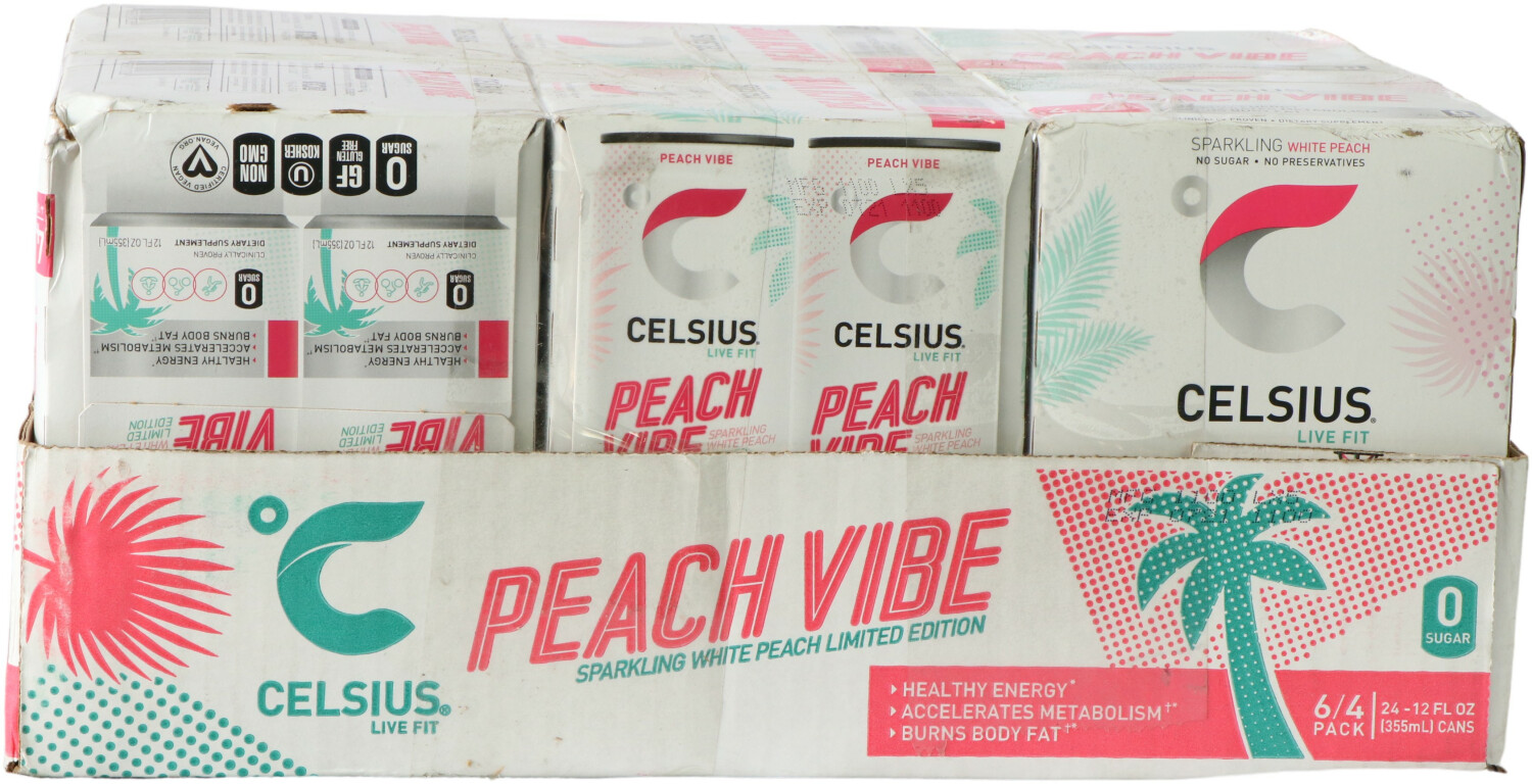 CELSIUS Sparkling Peach Vibe Fitness Drink  Zero Sugar  Slim Can 4-Packs  12 Fl Oz (Pack of 24) 12 Fl Oz (Pack of 24)